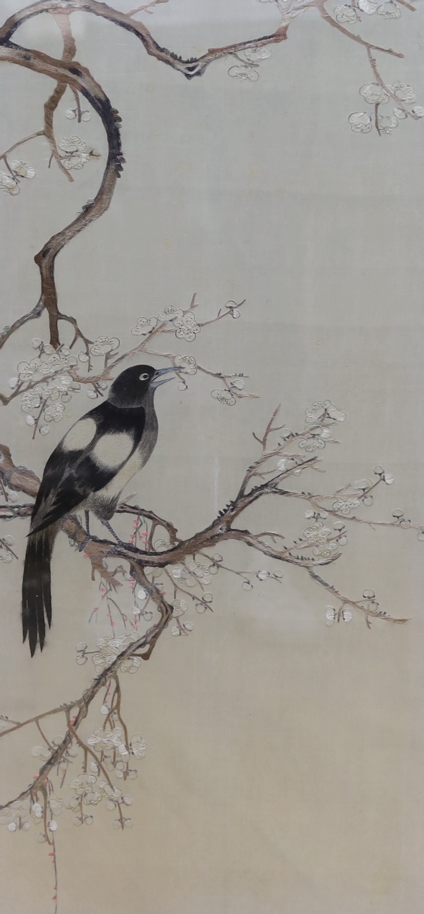 An early 20th century framed Japanese silkwork of a magpie